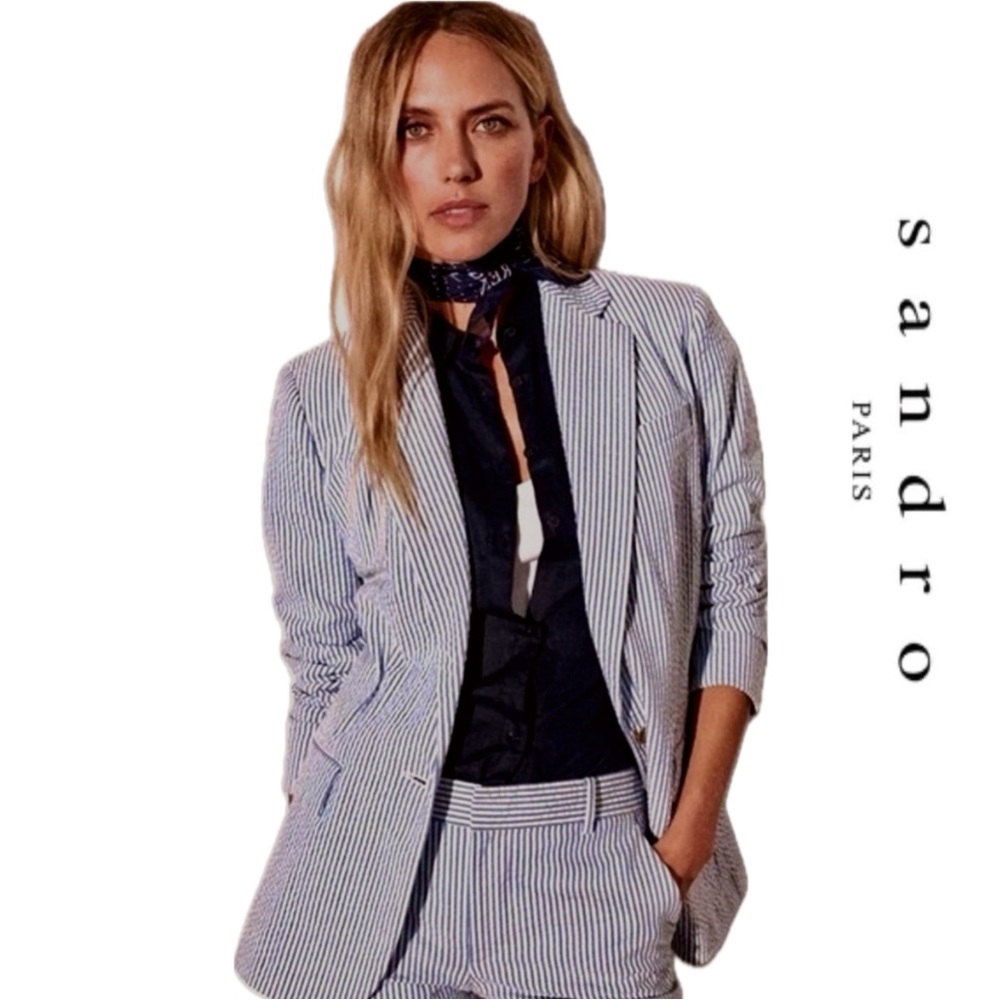 🆕 {Sandro Paris} Seersucker Blazer • Blue & White Stripe • EUC • Size Medium